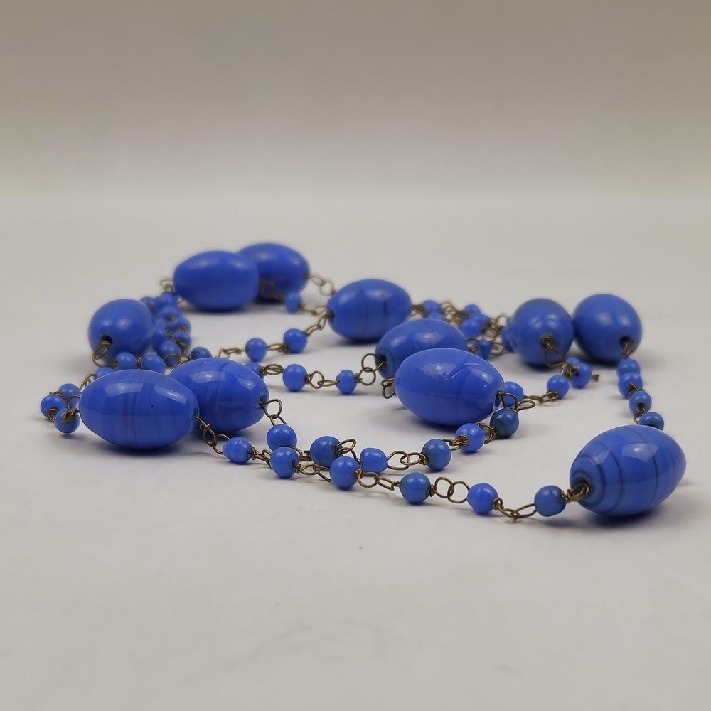 Antique Blue Swirl Glass Flapper Chain Necklace Hand Wired - Picture 3 of 11